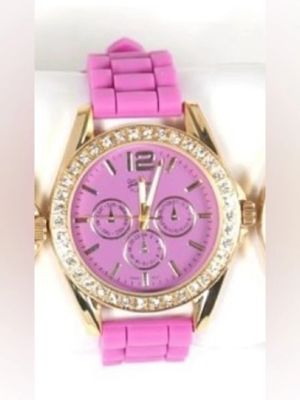 Geneva Platinum Gold-Tone Case Watch with Pink Dial and Pink Silicone Strap